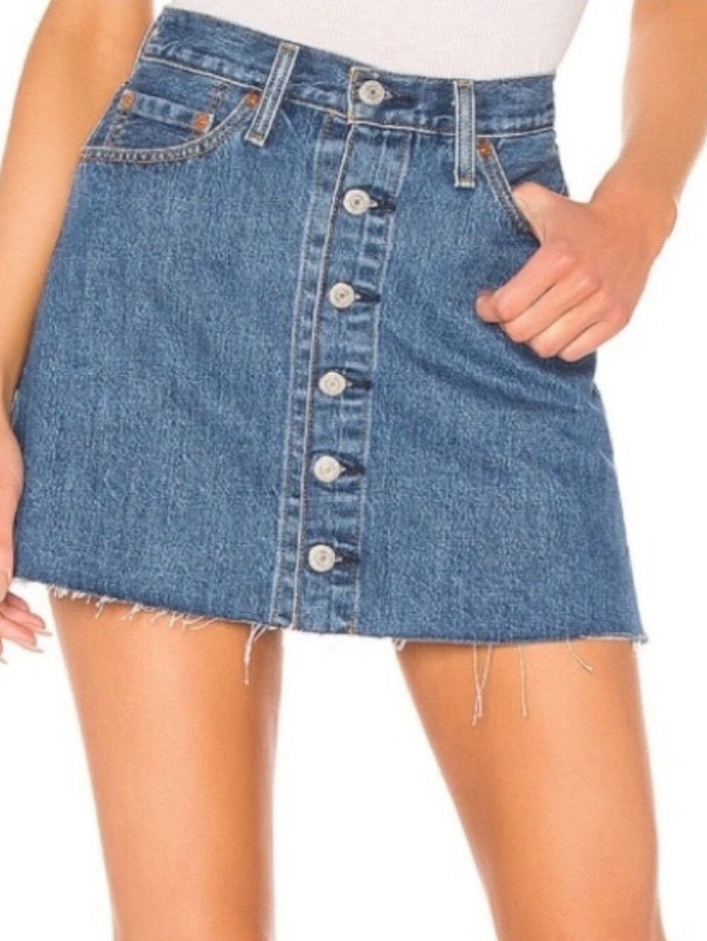 Levis Denim Raw Hem Button Front Cotton Mini Skirt